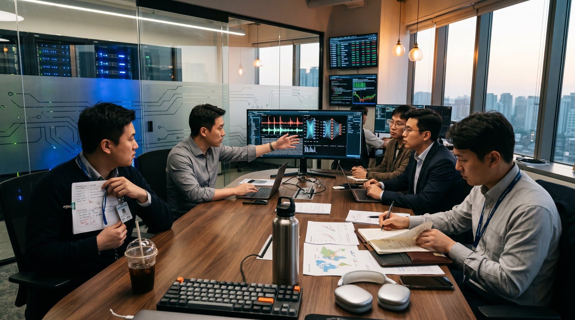 AI lab with monitors showing neural networks, U.S.-China maps, and market data amid modern server room and glass partitions