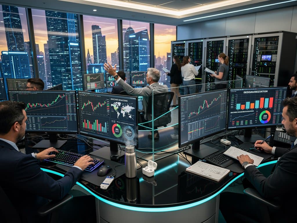 Trading floor analysts review Bitcoin at $74,339, Fear & Greed at 23, and geopolitical charts on Bloomberg-style terminals in modern finance hub