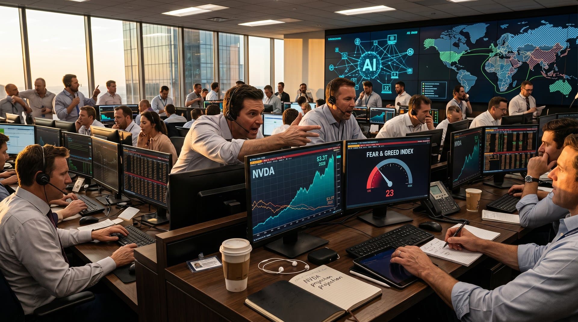 Trading screens show Nvidia AI stock forecast outperforming Palantir and Micron, Fear & Greed at 23, geopolitical maps in modern finance hub.