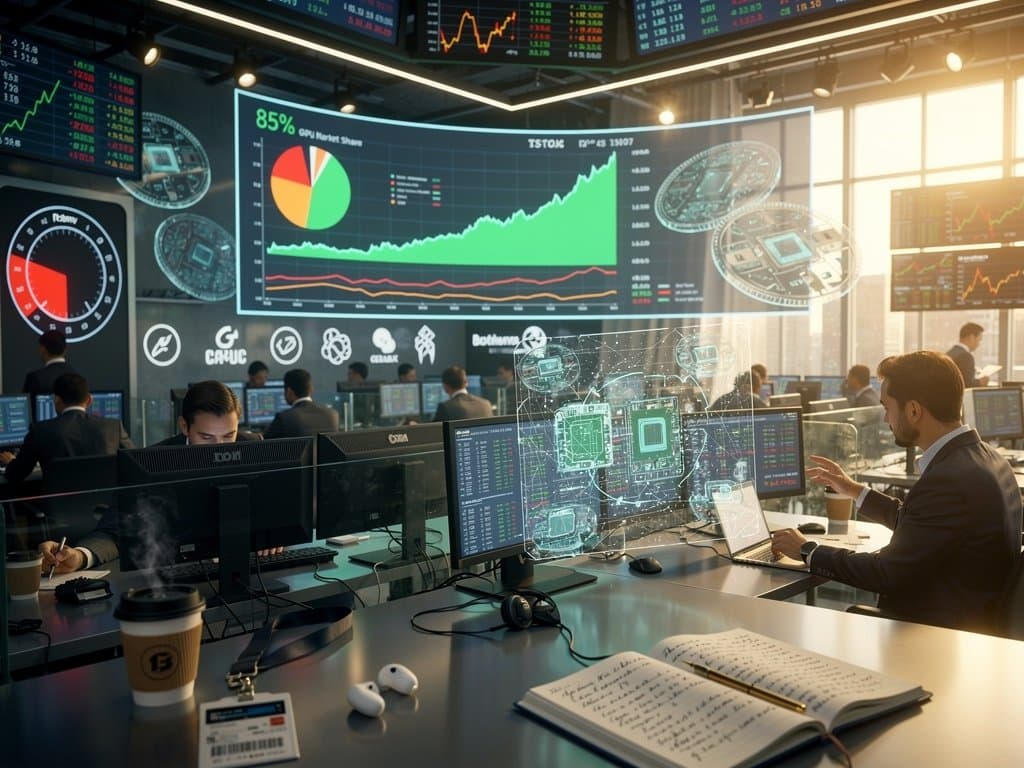 Screens show Nvidia AI stock outperforming Palantir and Micron charts on dynamic trading floor with tech visuals
