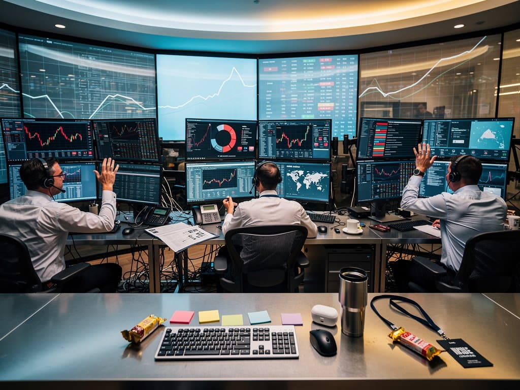 Traders at desks with Bloomberg terminals displaying BTC charts, Fear & Greed at 23, and US crypto bill headlines under LED lights