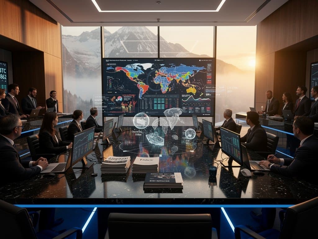 High-tech conference room with Bloomberg terminals displaying crypto prices, Fear & Greed at 23, AI analytics, and geopolitical maps during expert panel on AEI crypto skepticism
