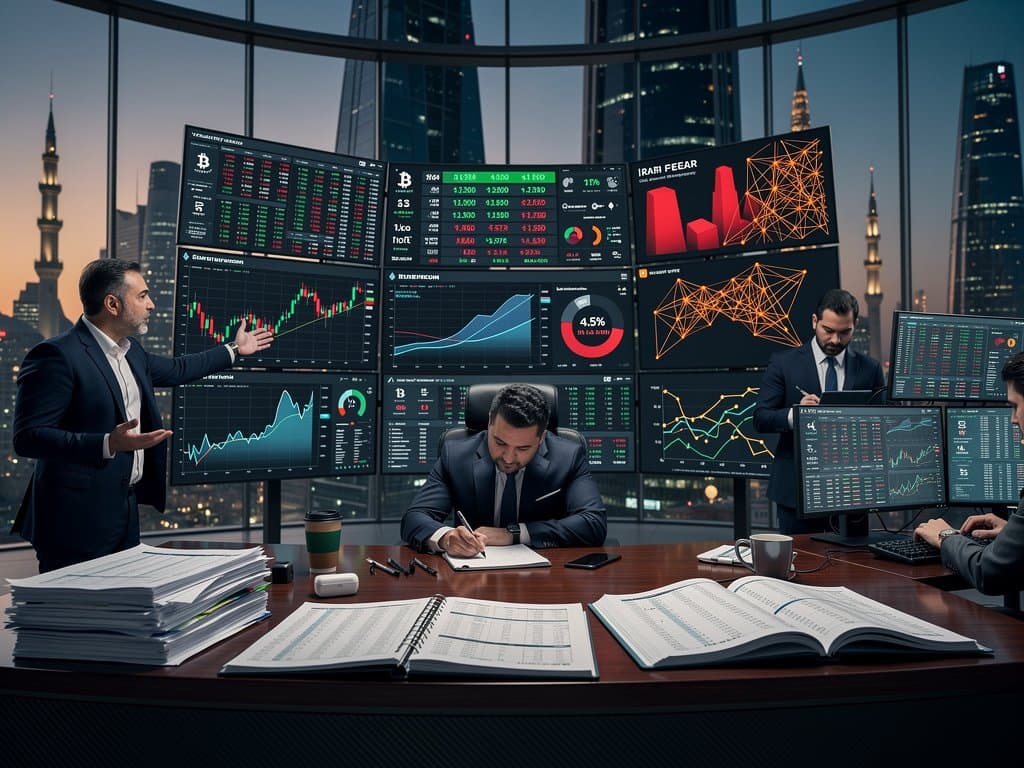 Trading screens show BTC at USD 74K, Iran cryptocurrency maps, Fear Index at 23 amid geopolitical tensions