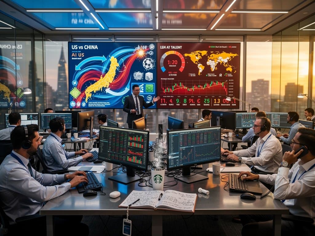 Graphs showing China closing US AI lead with Fear & Greed Index at 23 and market charts