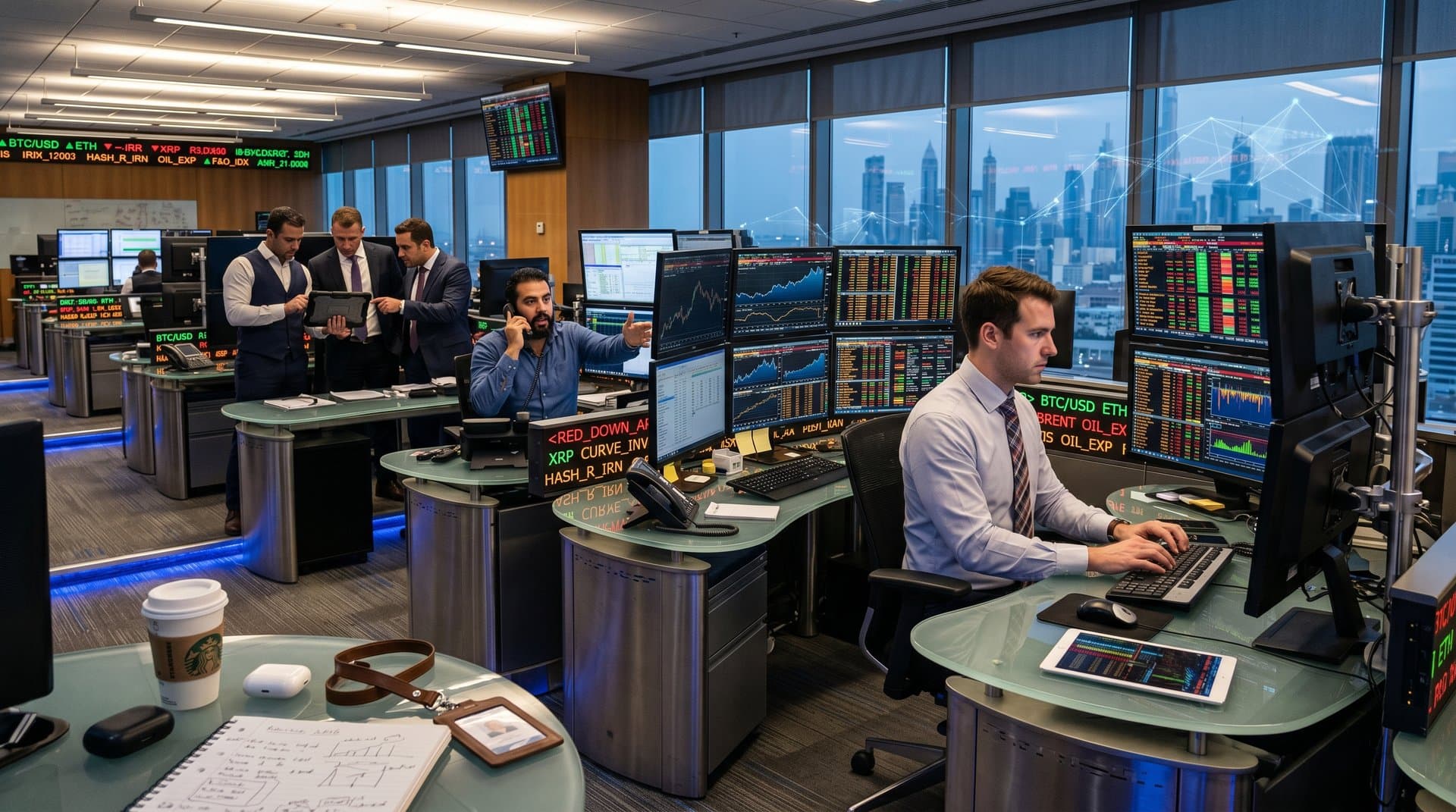 Trading room screens show BTC at $75,284, Fear & Greed 23, and Iran sanctions maps amid finance charts