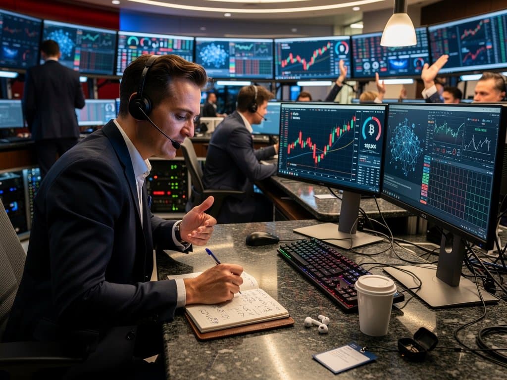 Trading floor Bloomberg terminals displaying BTC at $75K, Fear Index 23, Iran sanction maps, and hash rate charts amid geopolitical tension