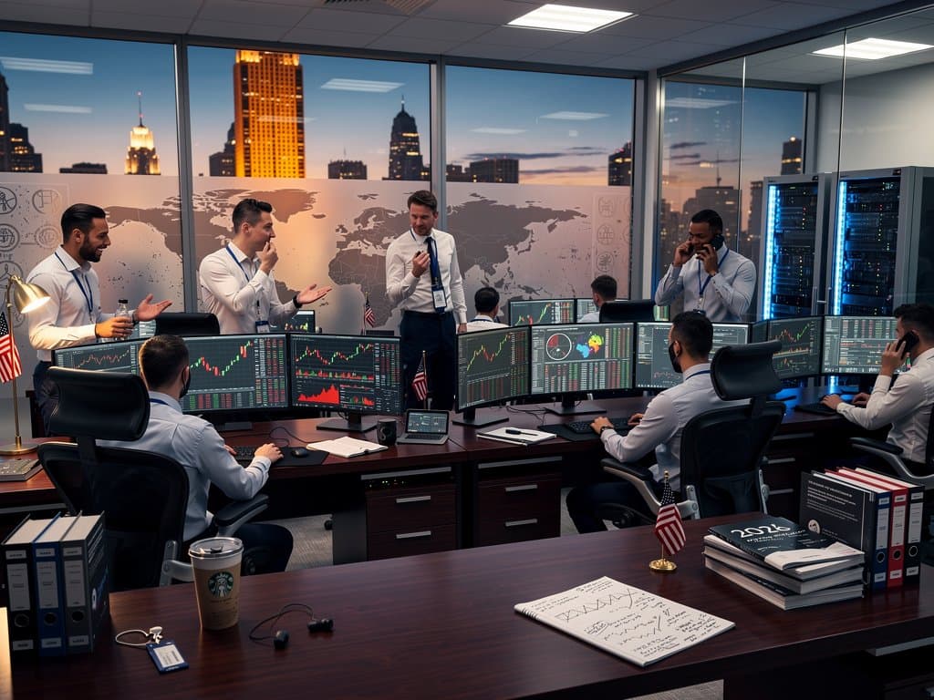 Traders at walnut desks with multi-monitors showing BTC charts and crypto scam news in modern Chicago trading room