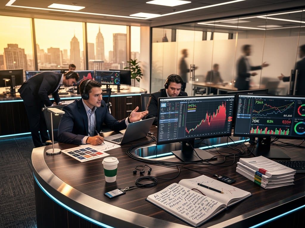 Trading floor with monitors displaying crypto prices, Fear & Greed Index, and US midterm election data
