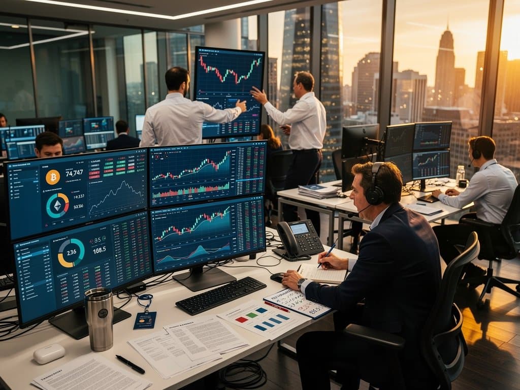 Trading floor displays FOMC announcements, BTC at $74,747, Fear & Greed at 21, liquidity metrics amid Fed-driven market tension