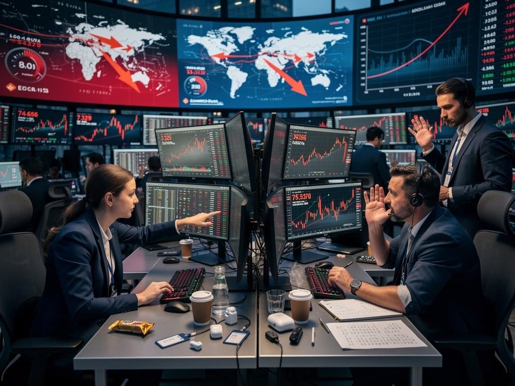 Traders monitor crypto price drops and Fear Index on screens amid Fed policy charts on modern trading floor