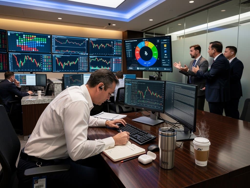 Traders analyze FOMC interest rate decisions impact on crypto charts in modern investment bank trading room with multi-monitor setups, walnut desks, and city skyline views