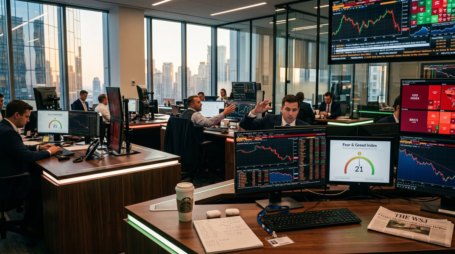 Trading floor screens show Bitcoin at $74,663, Fear & Greed at 21, dollar index, and BRICS maps amid forex data