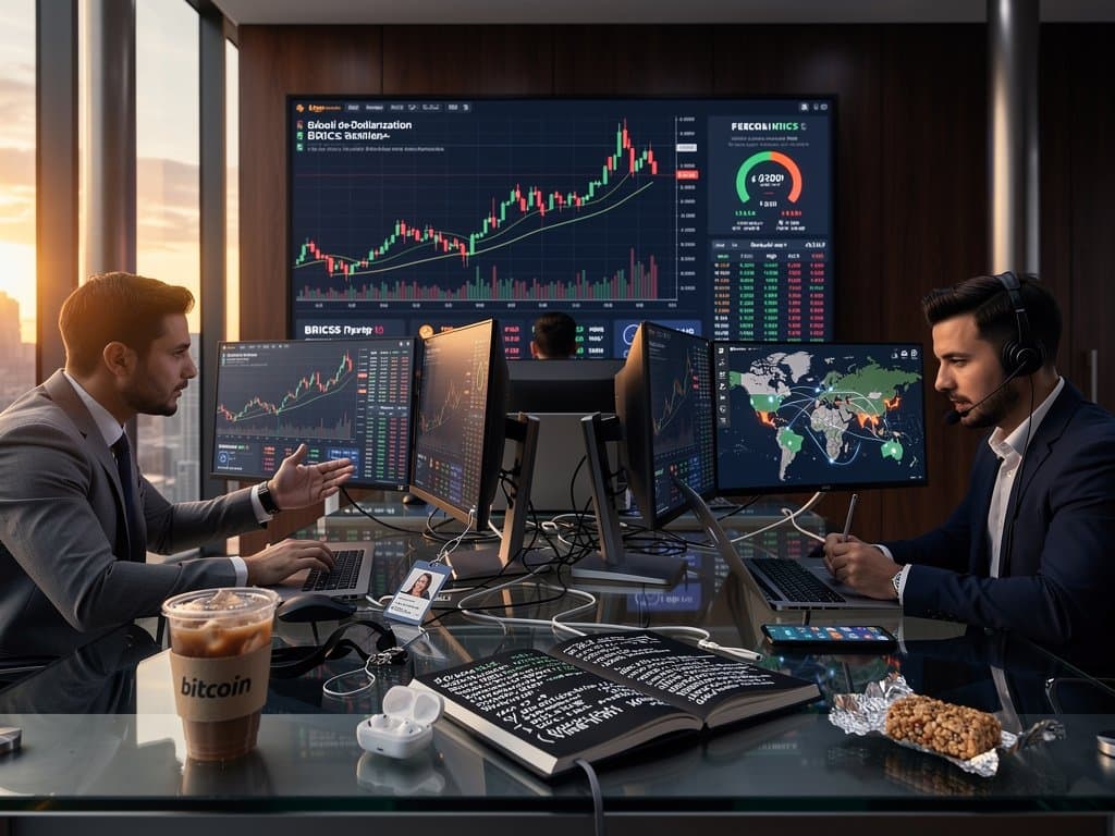 Trading floor analysts monitor BTC at $74,746 and BRICS de-dollarization charts on multi-monitors with city skyline