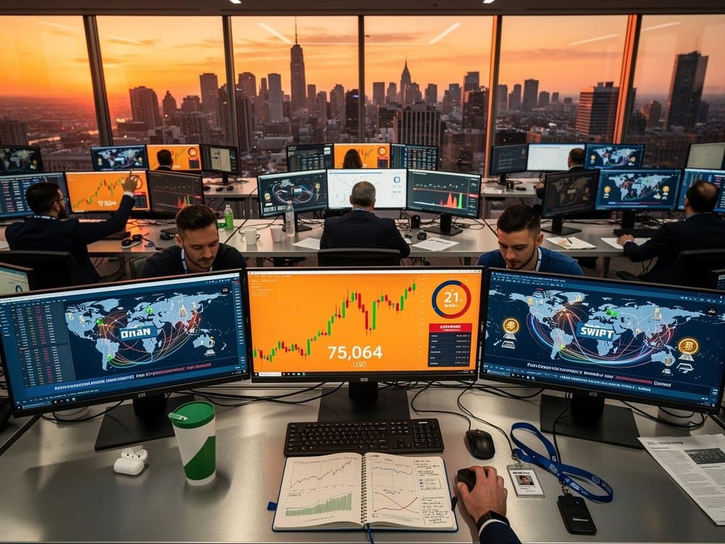 Trading floor monitors show crypto prices at $75,064 for Bitcoin and Fear & Greed at 21 with geopolitical maps