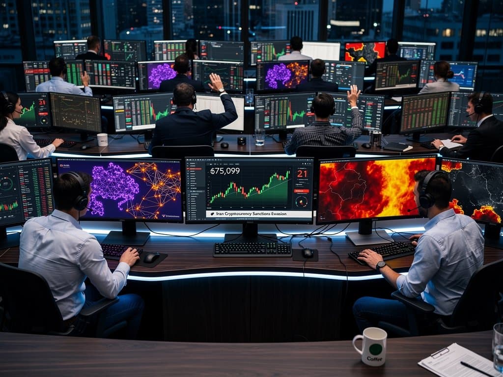 Traders at desks with monitors showing BTC at USD 75K, Fear Index 21, and sanction news amid LED-lit trading floor activity
