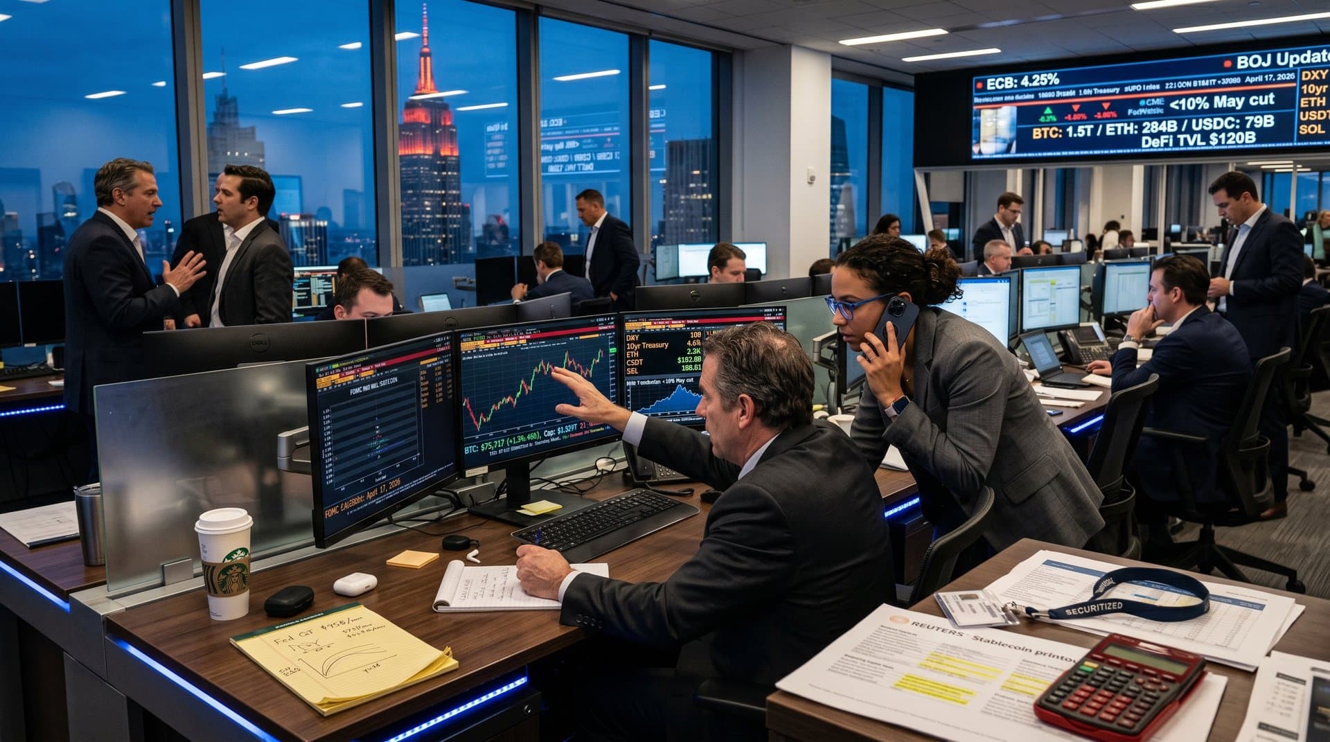 Trading terminals display FOMC rates, Bitcoin at $75K, Fear & Greed at 21 on modern finance desk with liquidity charts