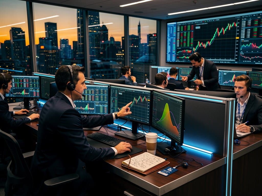 Trading floor monitors FOMC decisions, Bitcoin at $75,384, and Fear & Greed Index at 21 amid market analysis