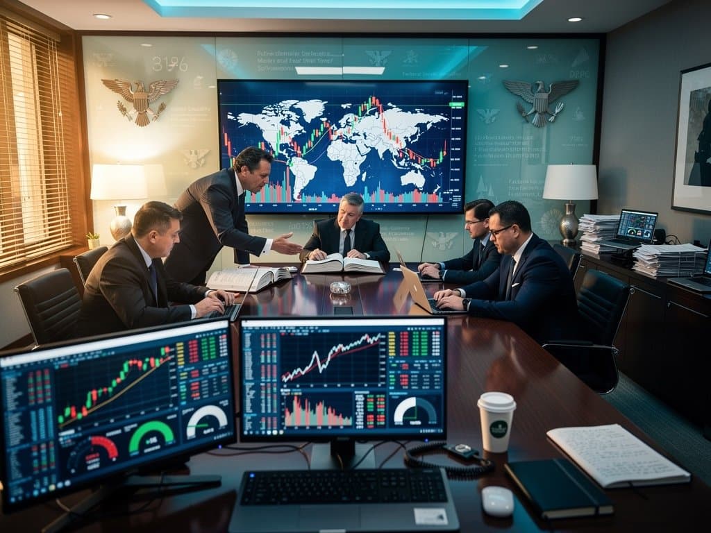 Federal Reserve room with FOMC charts, Bitcoin price, and Fear & Greed Index on screens amid global liquidity maps