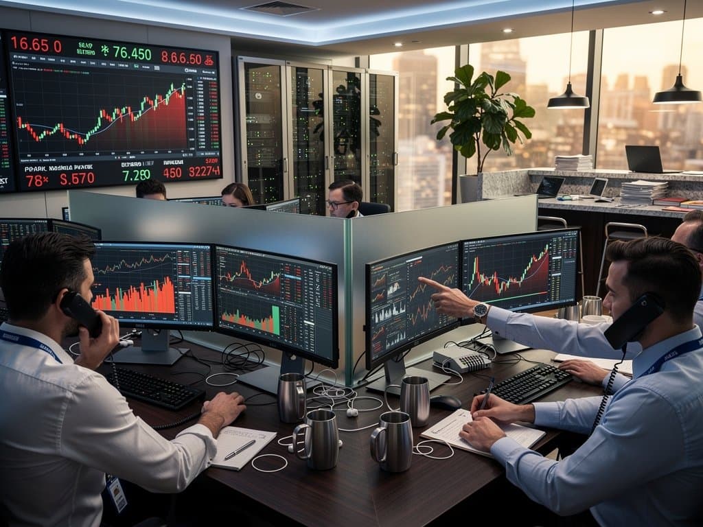 Trading floor monitors display crypto charts with Bitcoin at $76,450, Fear & Greed Index at 21, and volatility indicators amid market activity