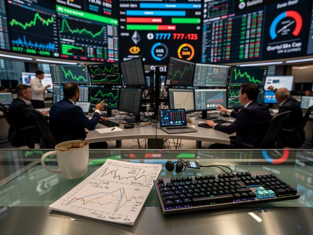 Trading floor screens displaying FOMC interest rate decisions charts, Bitcoin at $77,775, global liquidity metrics, and crypto market data in a high-tech finance hub
