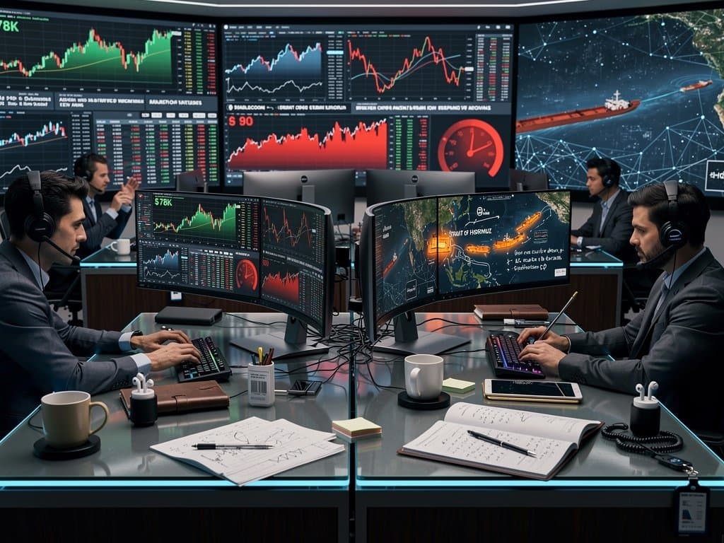 Trading screens show Bitcoin surge to $78K, oil charts, and Strait of Hormuz map amid crypto rally