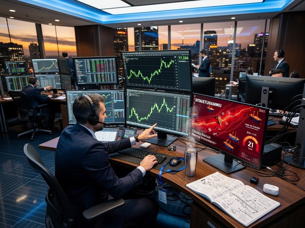 Trading screens display Bitcoin at $77,336, Hormuz tensions map, Fear & Greed Index at 21 on modern finance floor