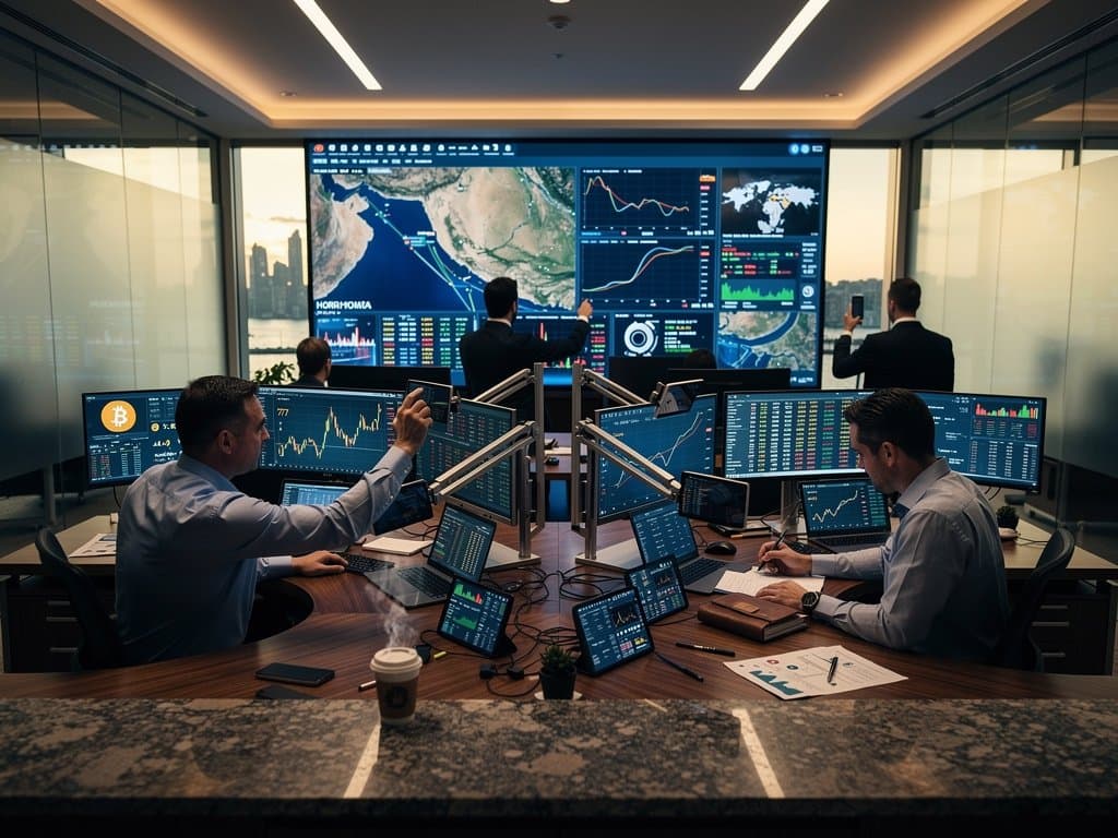 Trading screens display Bitcoin at $77K, Hormuz maps, and market data amid geopolitical tensions