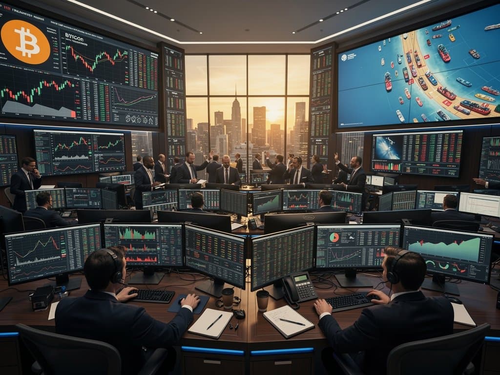Trading floor screens show BTC surge to $77,601, Hormuz Strait risks, and crypto stocks rally amid extreme fear