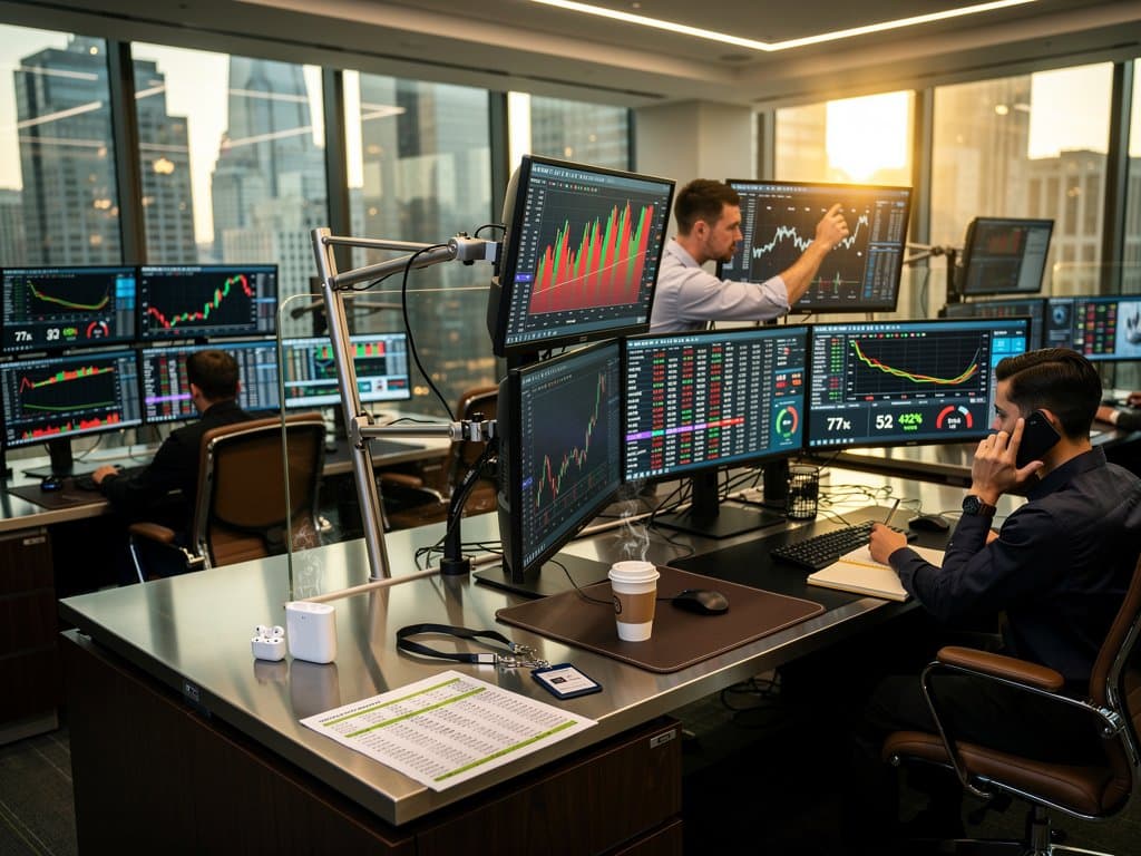 Trading screens show midterm futures, crypto prices, and Fear & Greed Index at 21 in modern finance setting