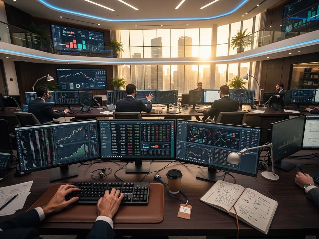 High-tech trading screens showing Schwab spot crypto launch with BTC at $77,507 USD, ETH charts, Fear & Greed at 21, modern office atmosphere