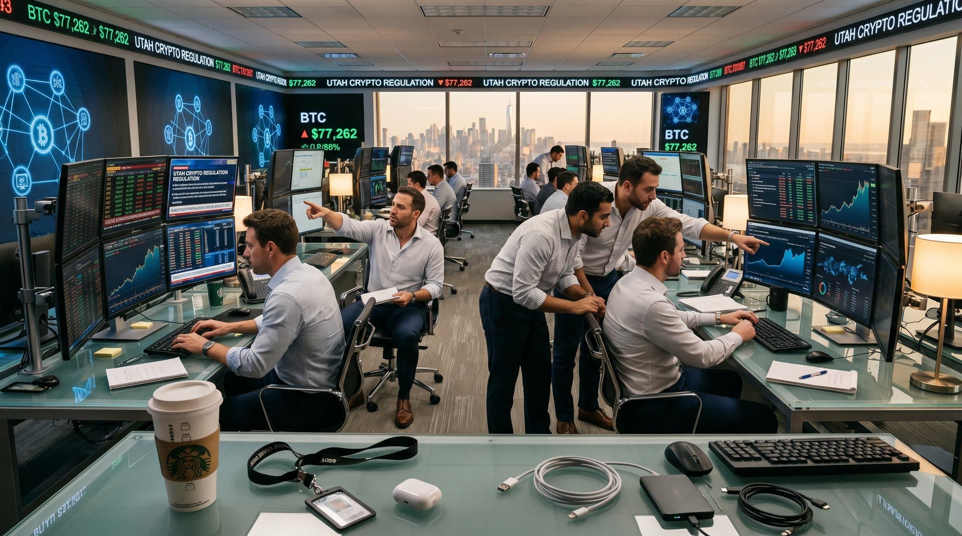 Trading floor monitors show BTC at USD 77K and Utah crypto regulation news amid financial charts