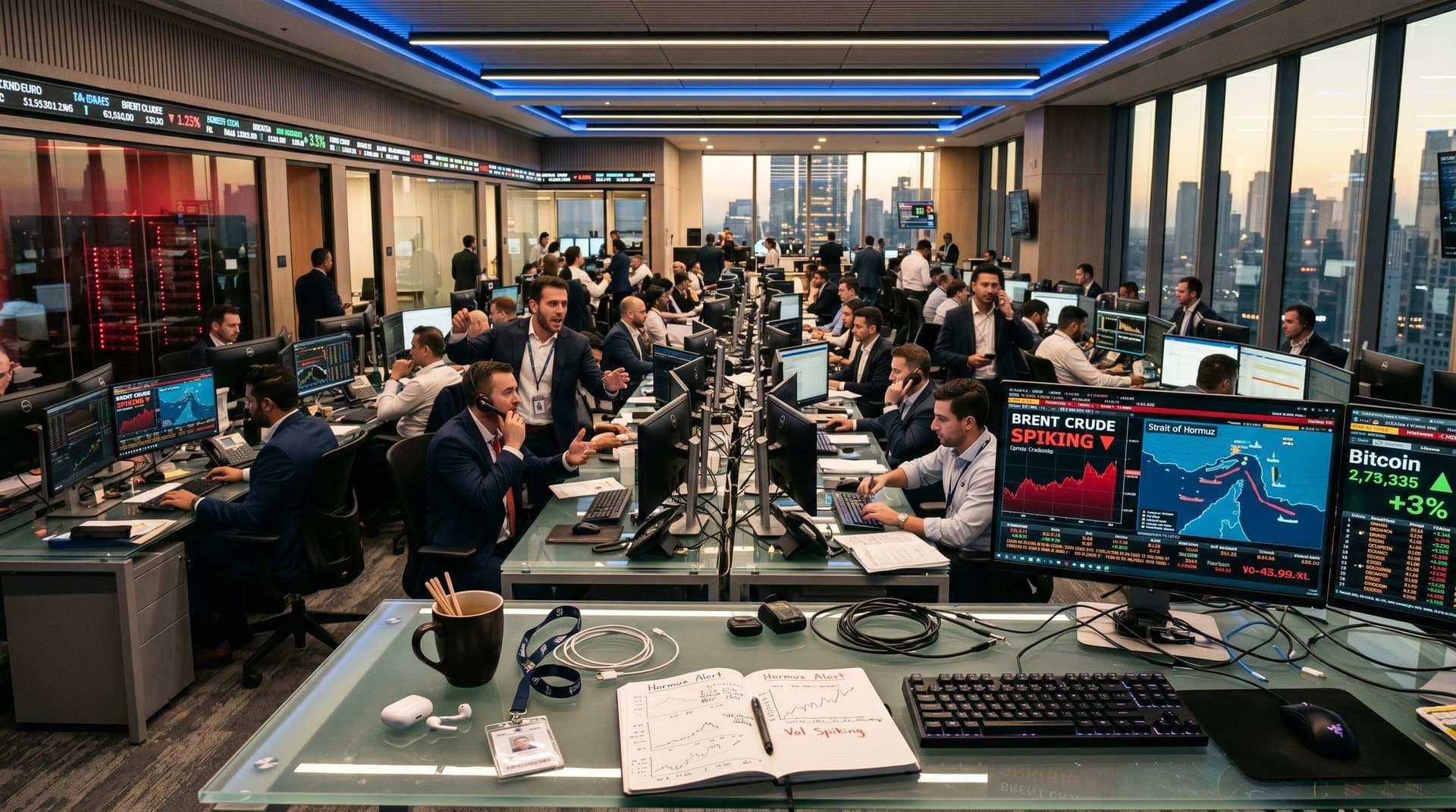 Traders at Goldman Sachs desks monitor Bloomberg terminals showing BTC gains and Hormuz oil alerts amid tense discussions