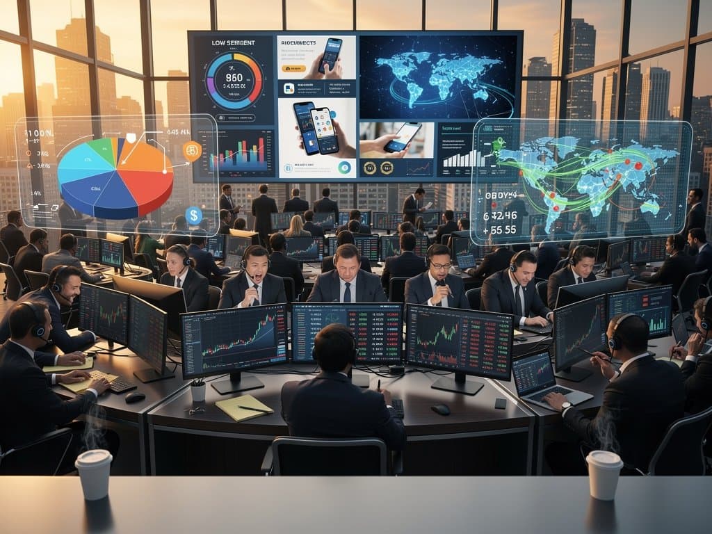 Trading floor screens show BTC $77,211 and ETH charts amid crypto e-commerce launch