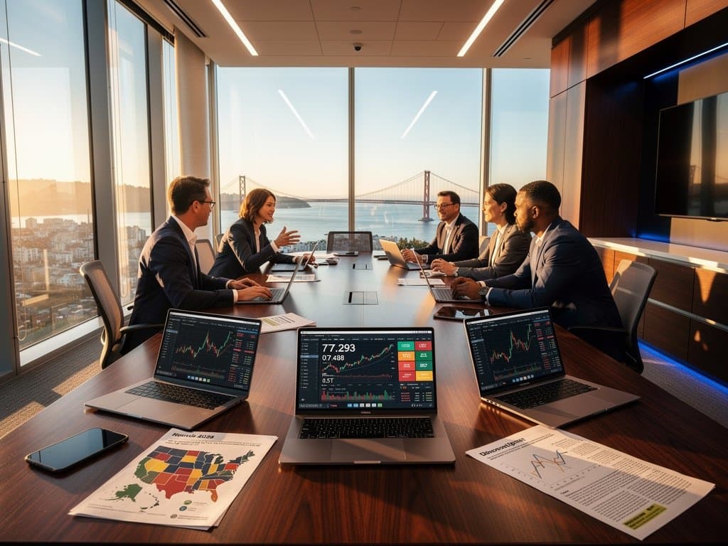VC team analyzes crypto charts and midterm fundraising maps in modern conference room