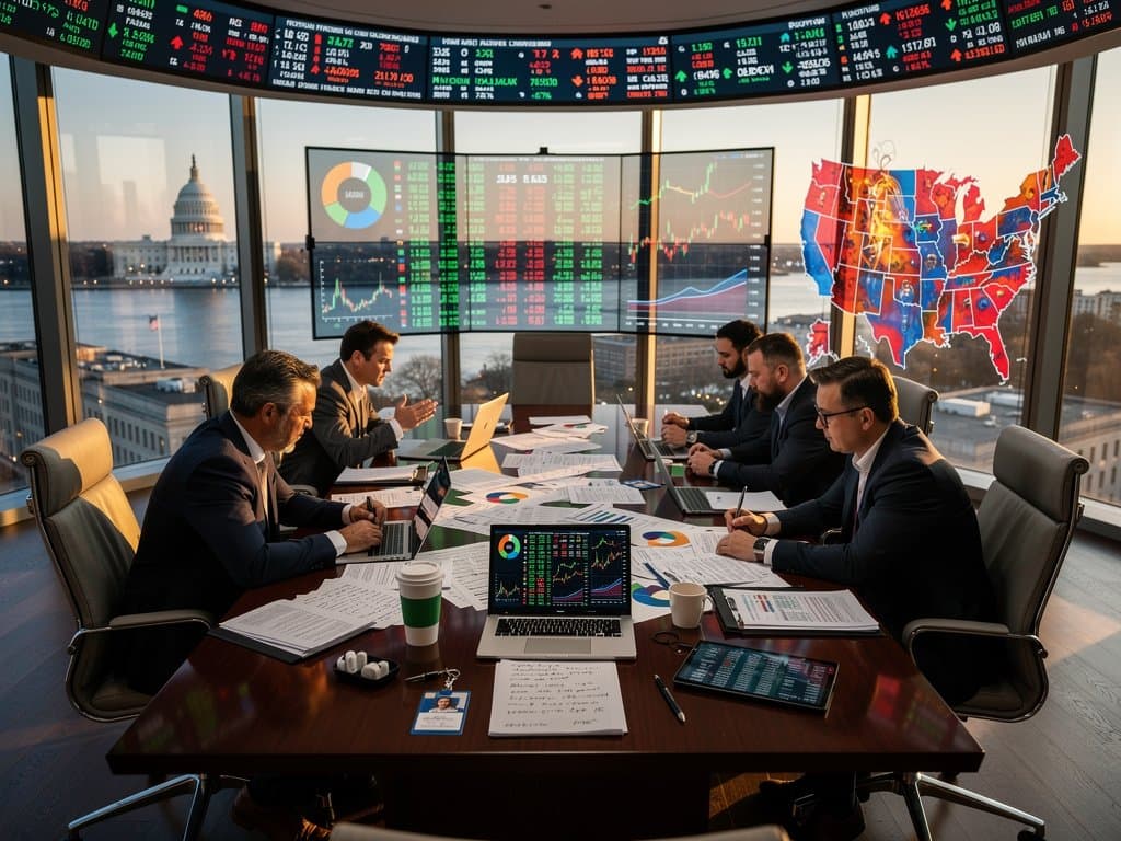 Lobbyists analyze midterm polls and crypto charts on large screens in a modern DC conference room with walnut desks and glass partitions