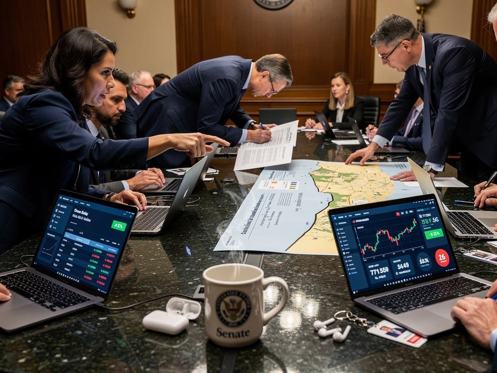 Senate staff analyze Gaza crypto reconstruction probe with blockchain charts, Gaza maps, and BTC price surges on screens