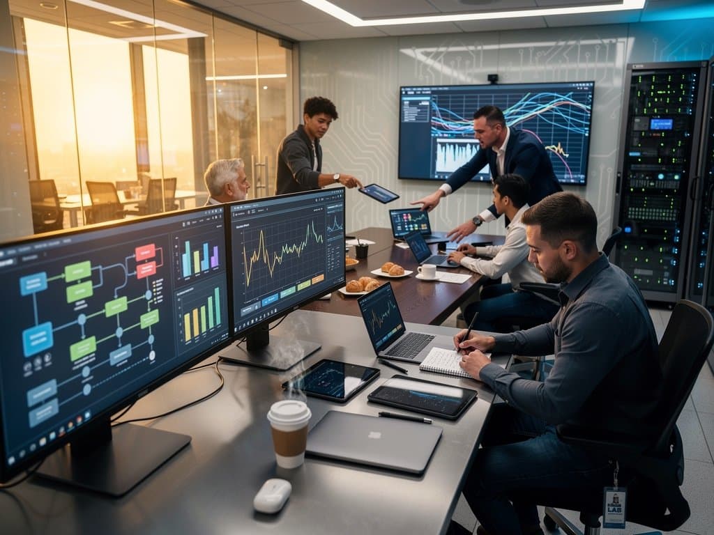 AI engineers benchmark tokenizer efficiency on monitors amid server racks and GPU pricing screens in high-tech lab