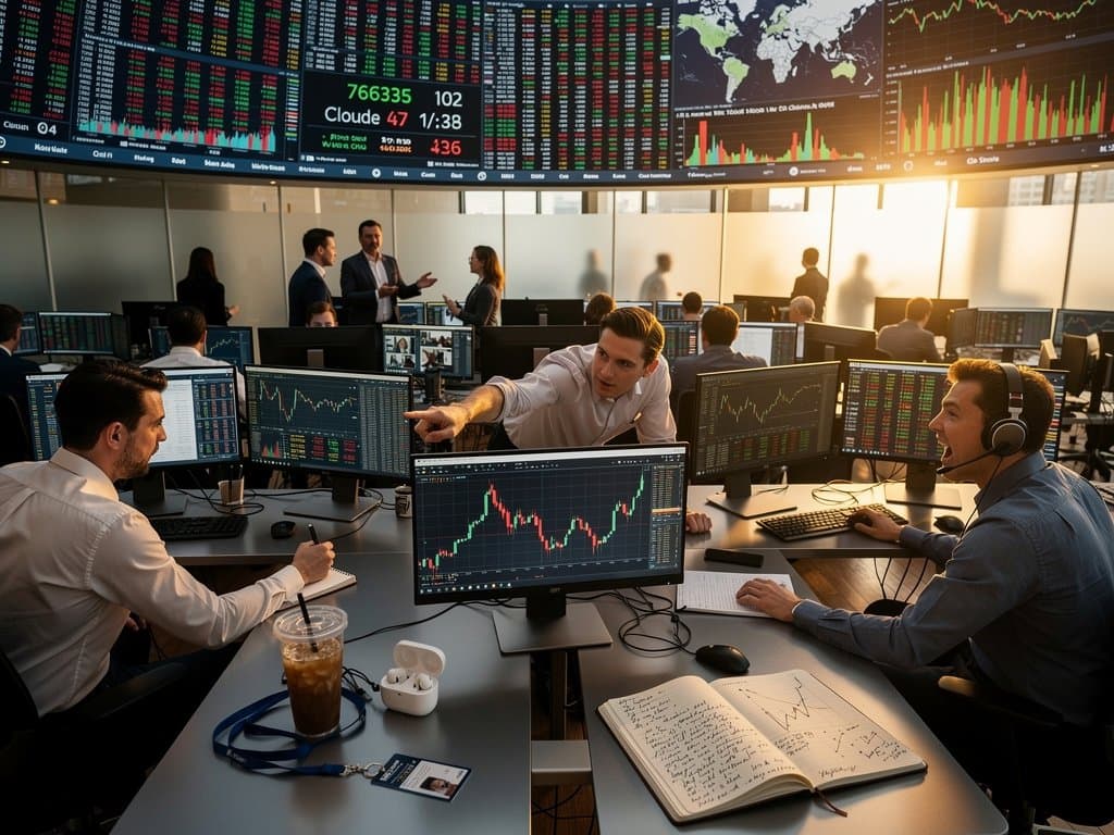 Traders scrutinize screens showing Claude 4.7 tokenizer metrics, crypto prices, hyperscaler charts, and AI rivalry headlines on a bustling trading floor