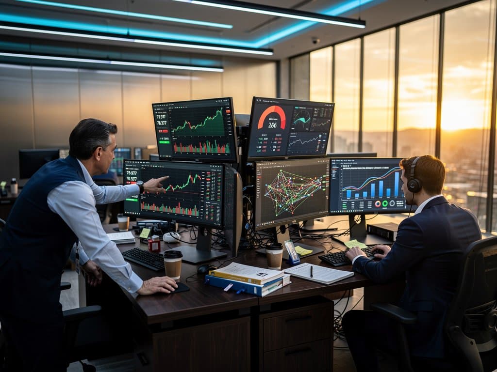 Traders on modern floor analyze crypto charts including Bitcoin at $76K and Fear & Greed Index amid city skyline