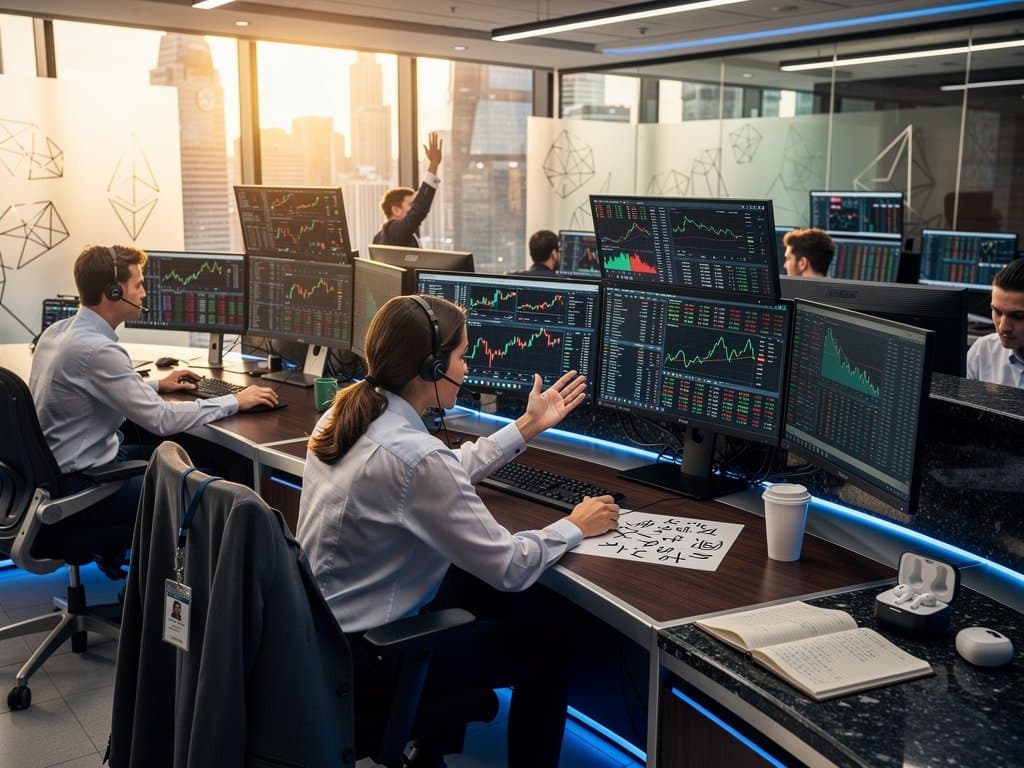 Trading floor screens showing BTC at $76K, Utah crypto news, Fear & Greed at 26 in modern finance hub