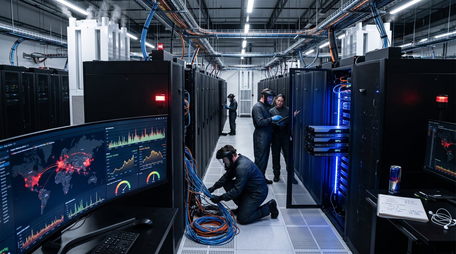 Technicians service NVIDIA GPU racks in Tier IV data center, monitors display AI tokenization and compute metrics amid server aisles