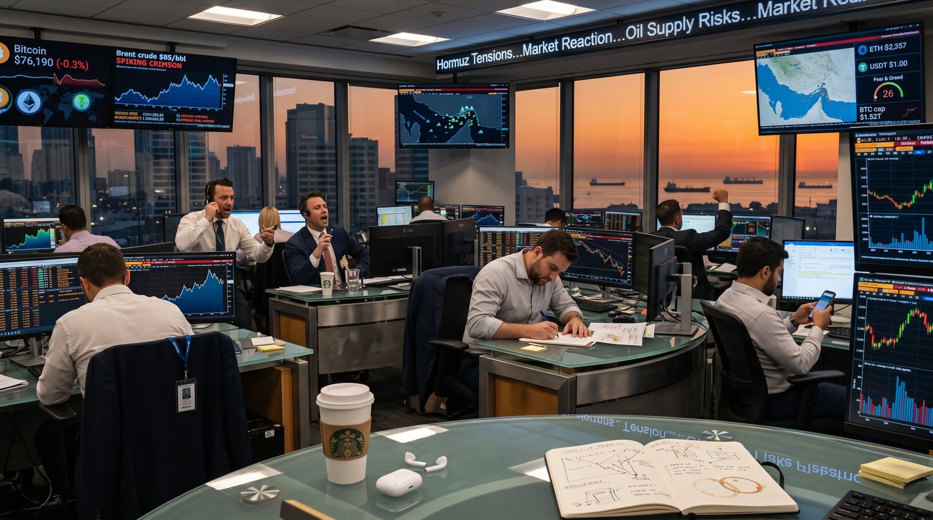 Trading floor screens displaying crypto prices, oil charts, Strait of Hormuz map, and market data amid volatility