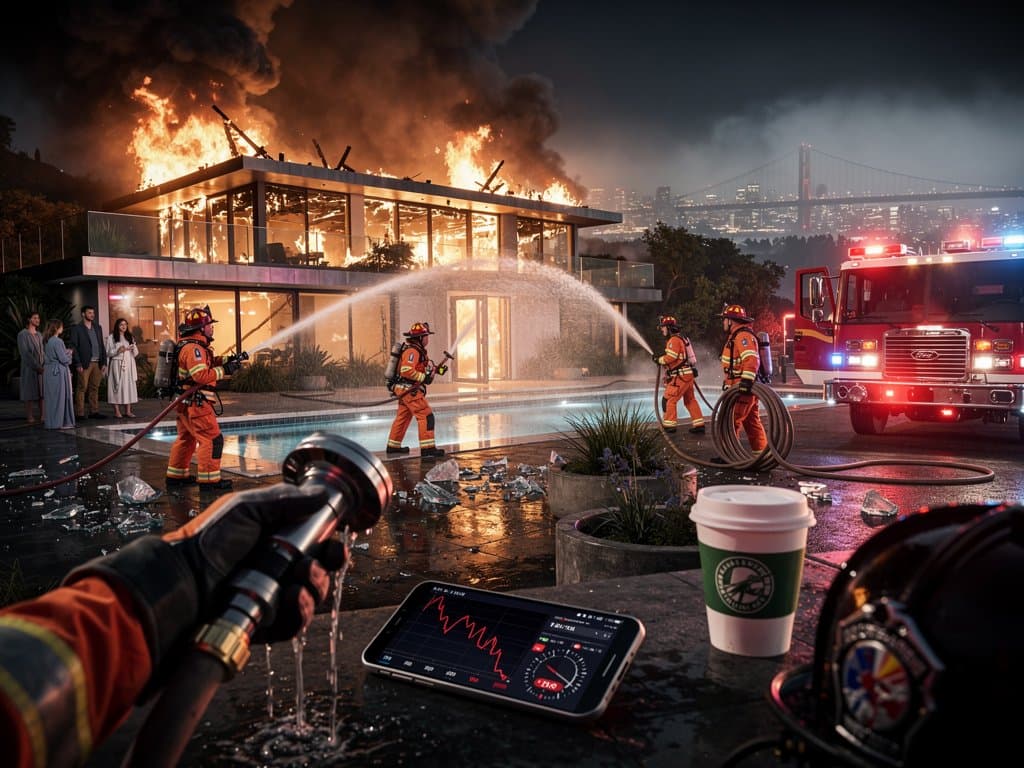 Fiery attack on luxury SF home with market fear charts overlay, firefighters responding
