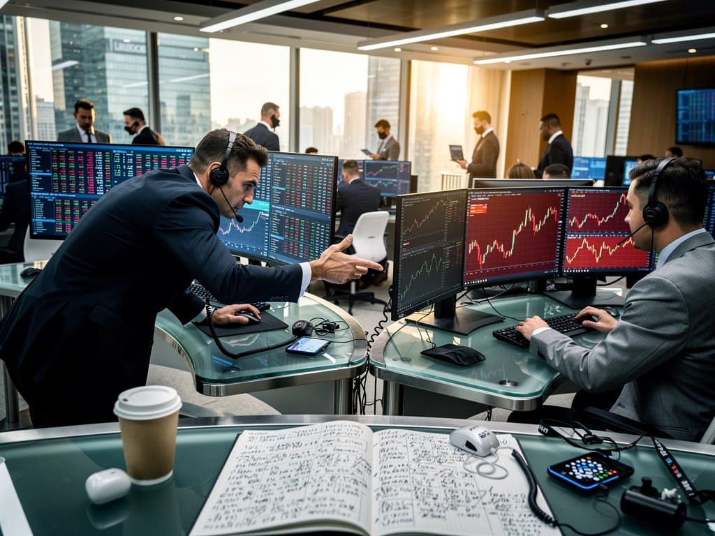 Trading floor monitors crypto price dips including Bitcoin at $76K on Bloomberg terminals amid market data displays