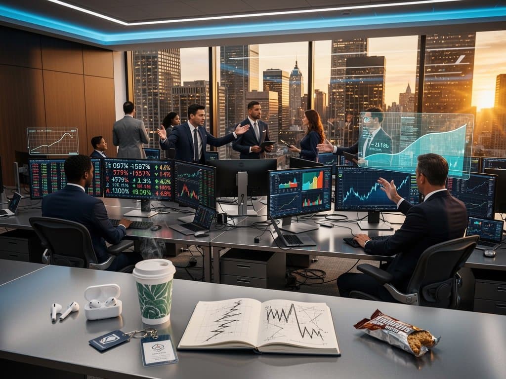 Trading floor analysts review crypto charts, Fear & Greed at 26, and Massachusetts AG safety warnings on multi-monitor displays