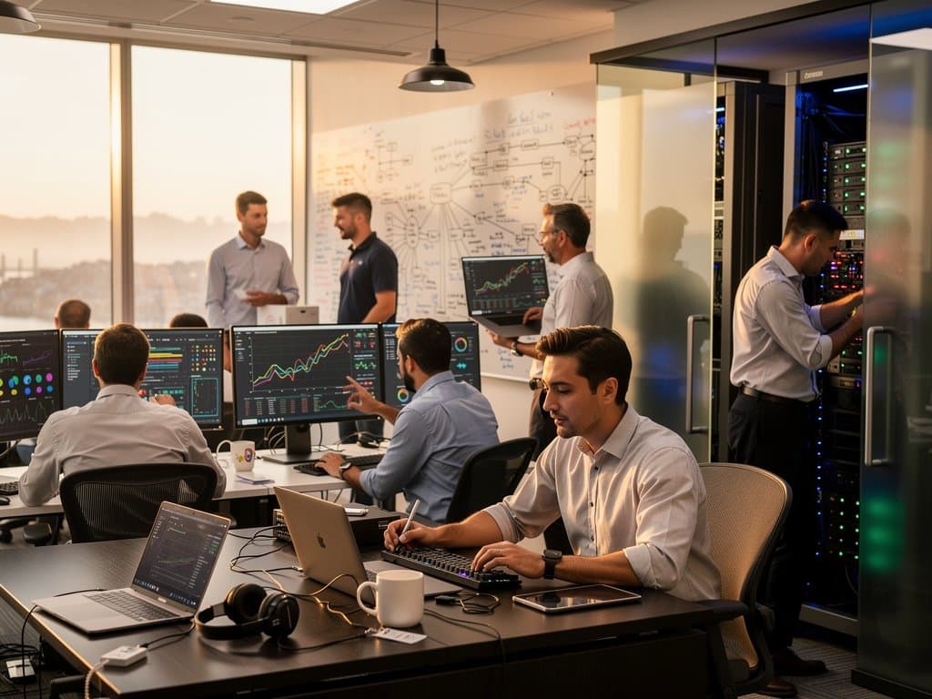 Anthropic researchers analyzing AI model inflation charts and GPU servers in a high-tech San Francisco lab with collaborative whiteboards and natural light