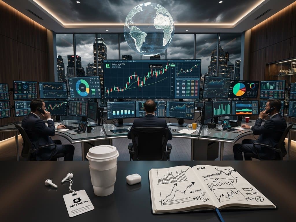 Wall Street trading screens show Bitcoin at USD 75,706, Fed projections, Fear & Greed 26, de-dollarization charts in modern finance hub
