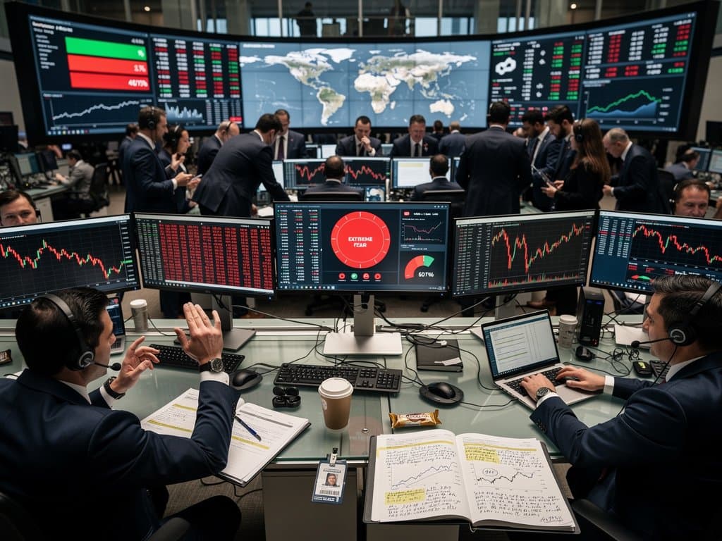 Trading floor screens show oil futures, Polymarket Iran bets, crypto charts, and Fear & Greed Index
