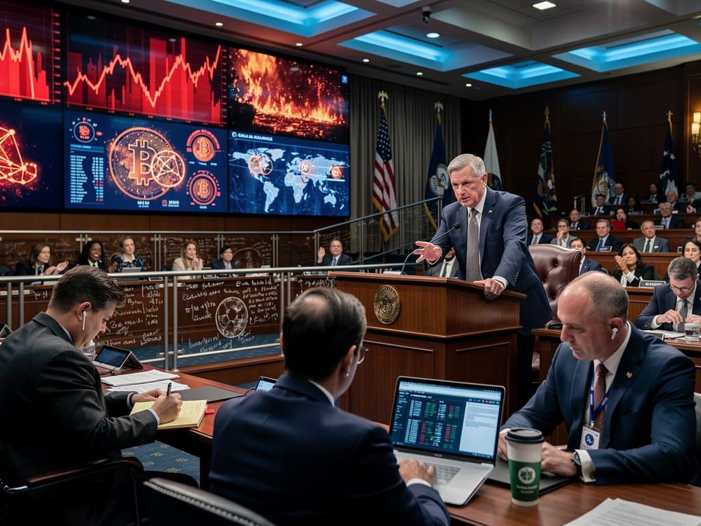 U.S. Senate hearing room with Bloomberg terminals showing crypto charts, aides at screens with Gaza maps, microphones on dais amid wood-paneled setting