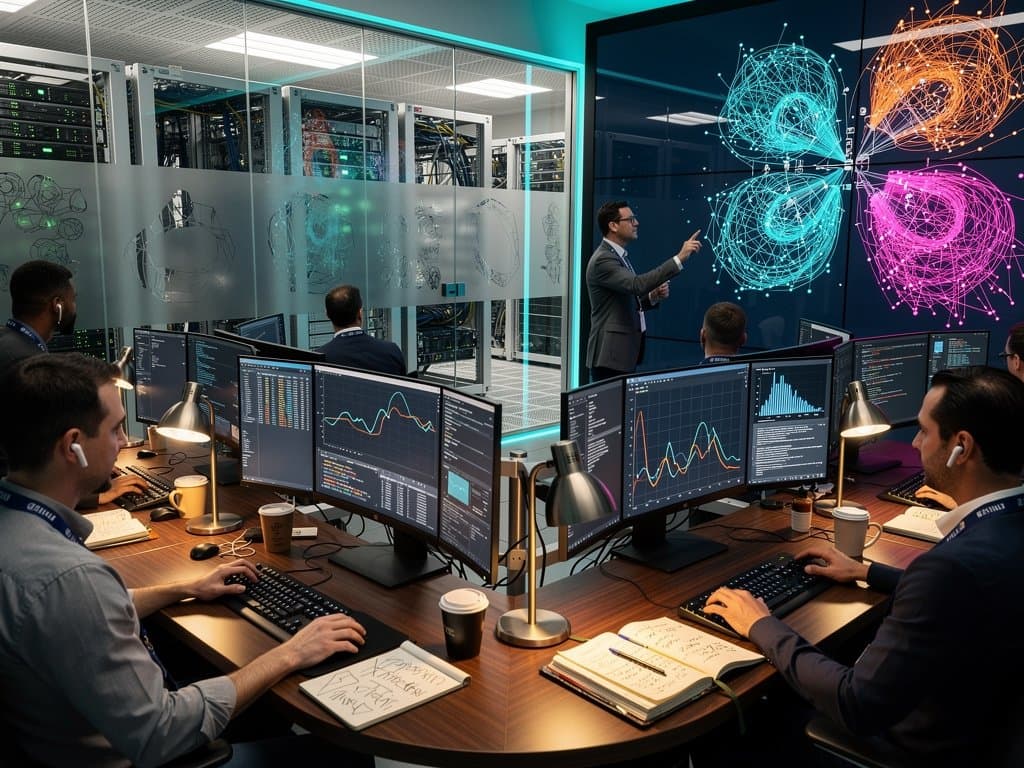 Futuristic AI lab with glowing neural net screens, server racks, and collaborative tech setups under modern lighting